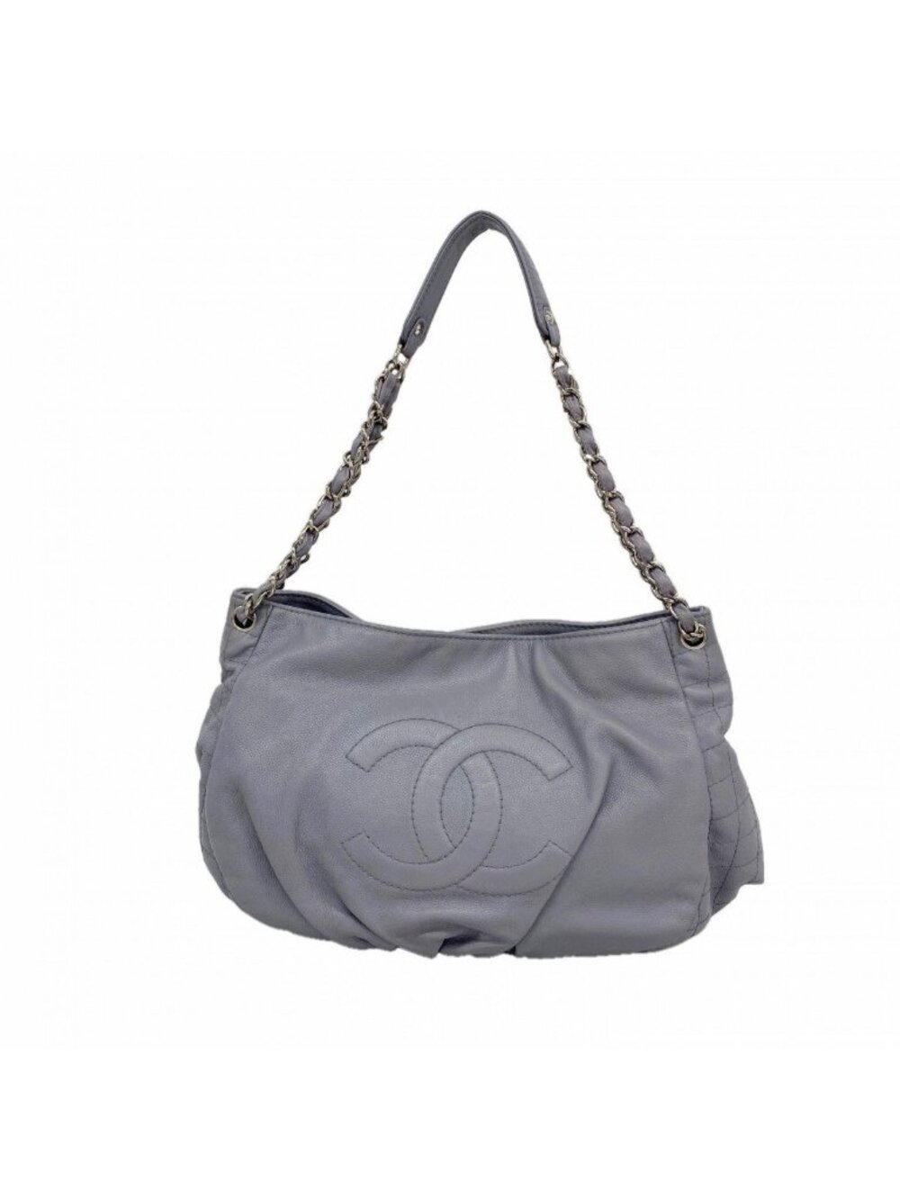 Chanel Chain Tote Quilted Caviar Leather Blue Gray Silver
